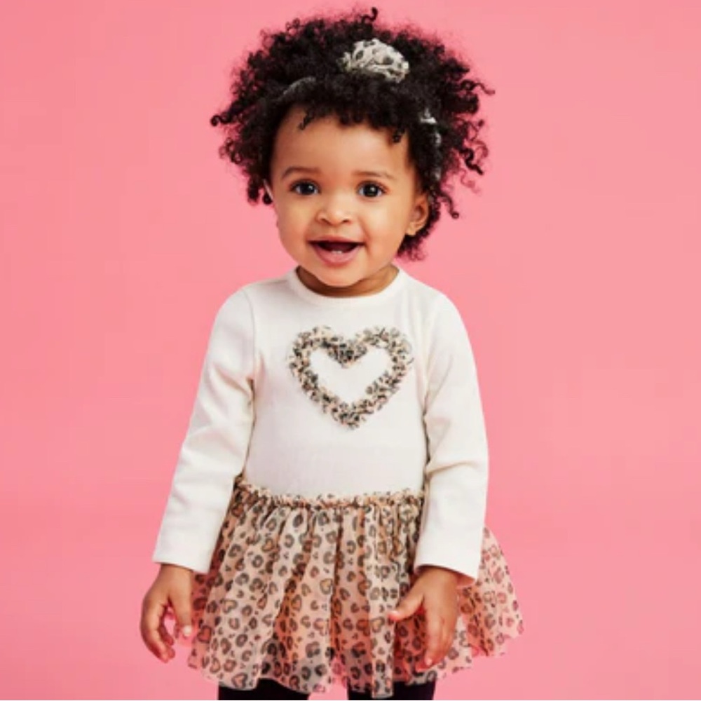 NWT Cream & Brown Heart Leopard Print Long Sleeve Babydoll Top & Headband 18M